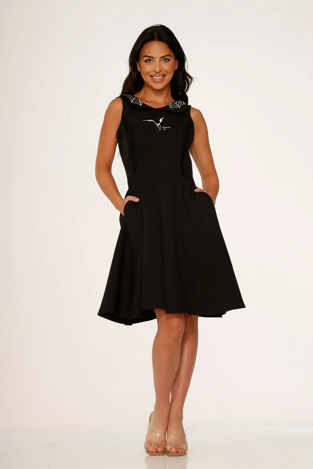 Black Bat Embroidered Swing Dress