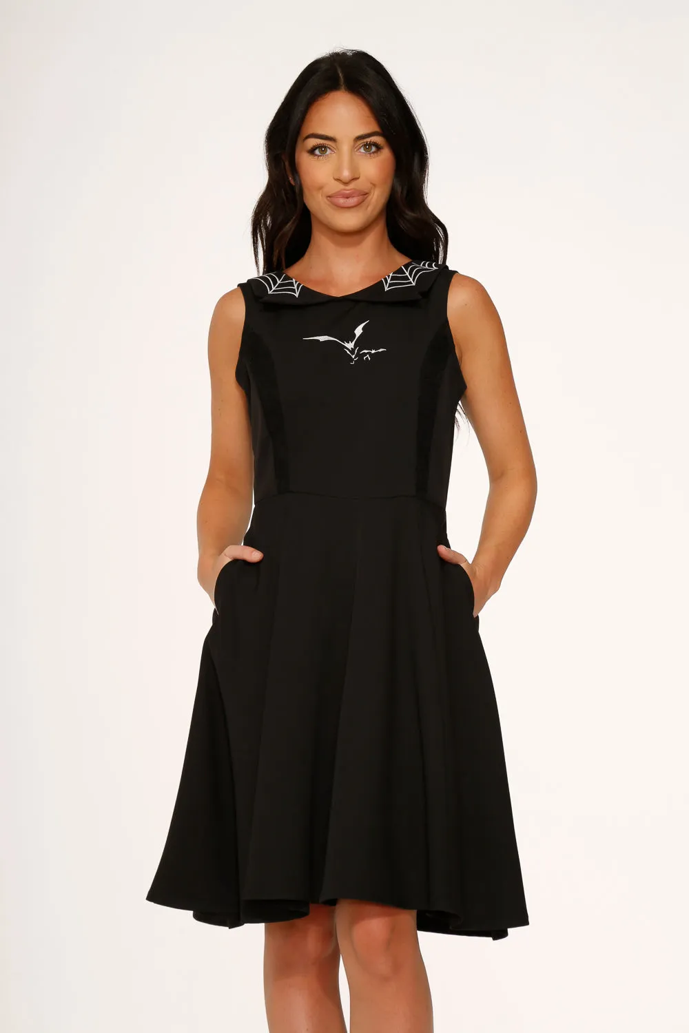 Black Bat Embroidered Swing Dress