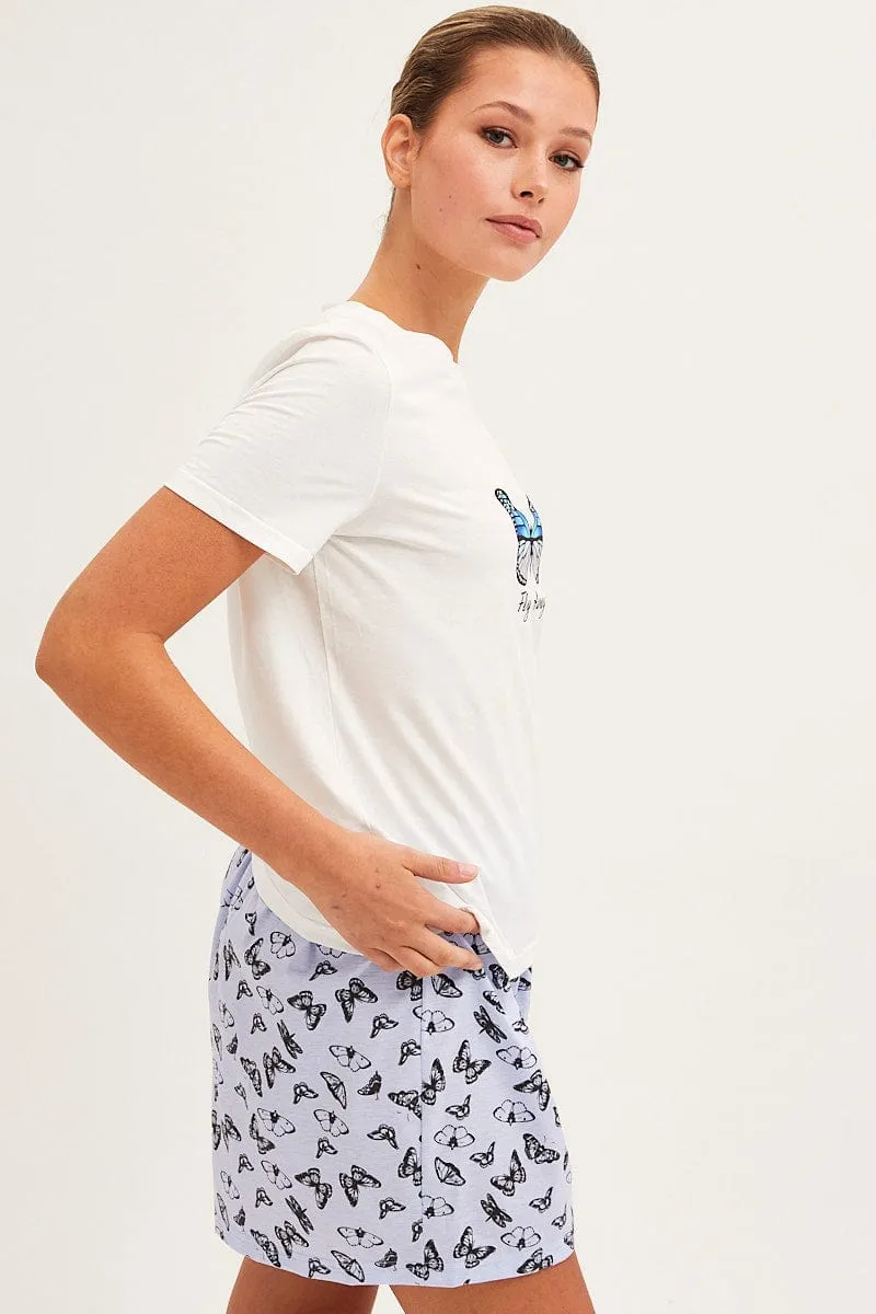 Blue Print Pyjamas Set Short Sleeve Top & Shorts