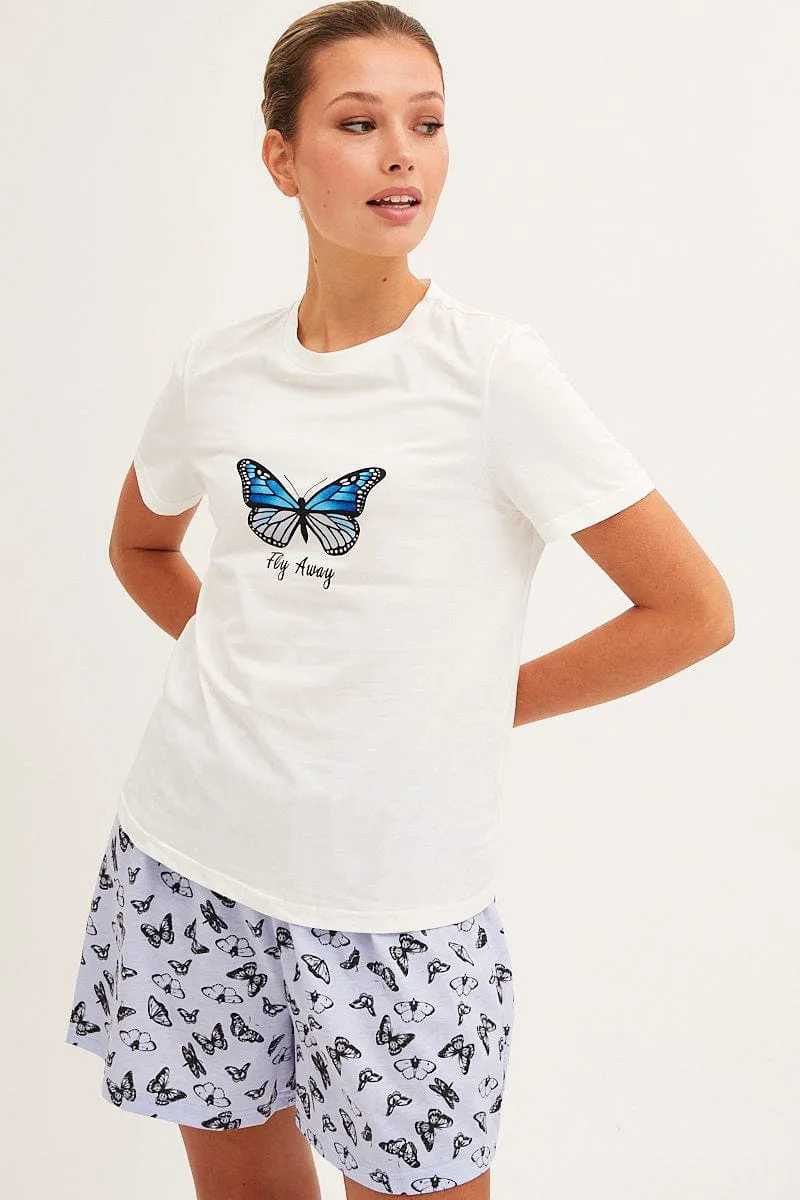 Blue Print Pyjamas Set Short Sleeve Top & Shorts