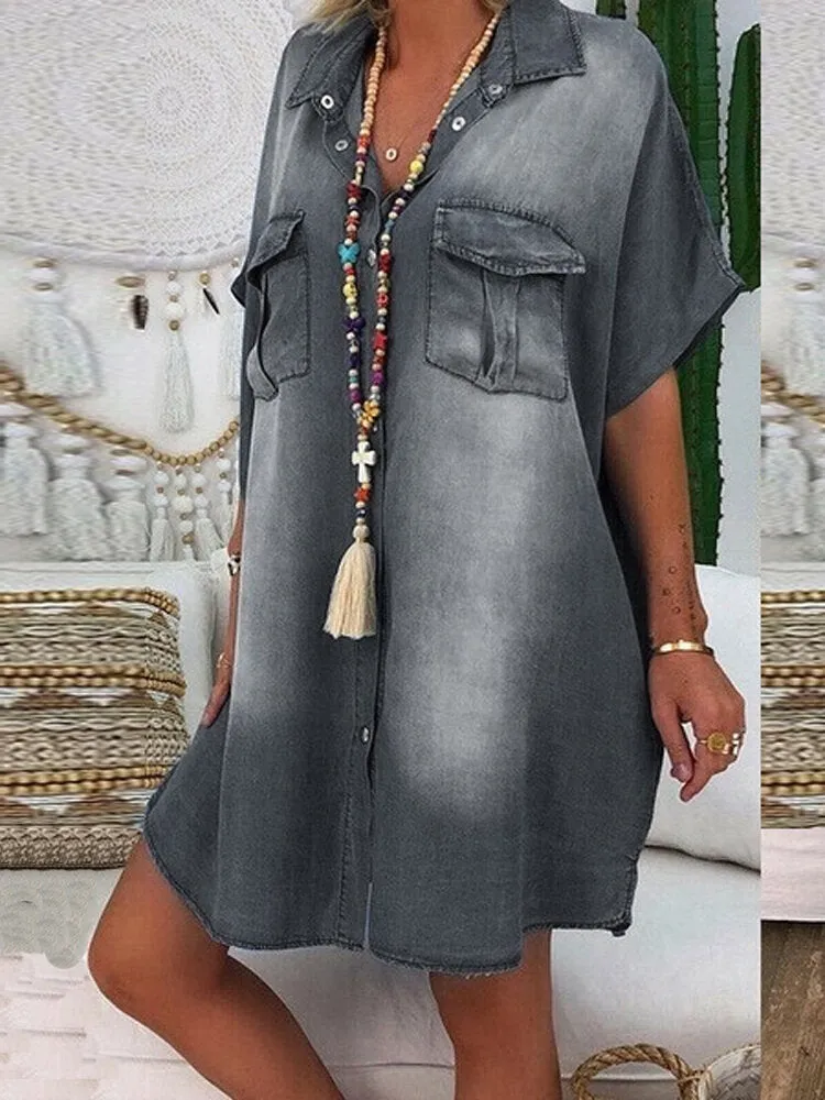 Casual Lapel Button Short Sleeve Loose Denim Shirt Women Midi Dress
