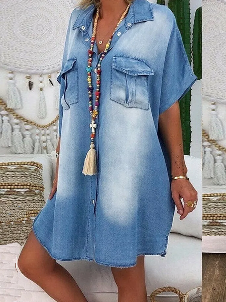 Casual Lapel Button Short Sleeve Loose Denim Shirt Women Midi Dress