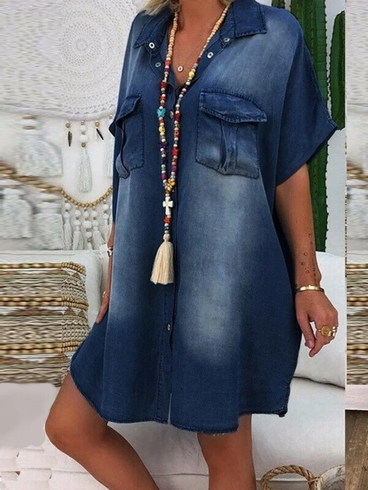Casual Lapel Button Short Sleeve Loose Denim Shirt Women Midi Dress