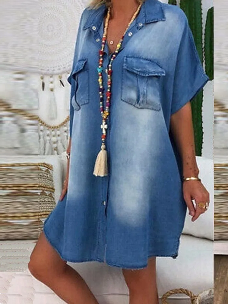 Casual Lapel Button Short Sleeve Loose Denim Shirt Women Midi Dress