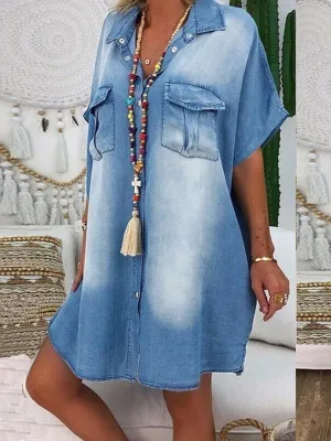 Casual Lapel Button Short Sleeve Loose Denim Shirt Women Midi Dress