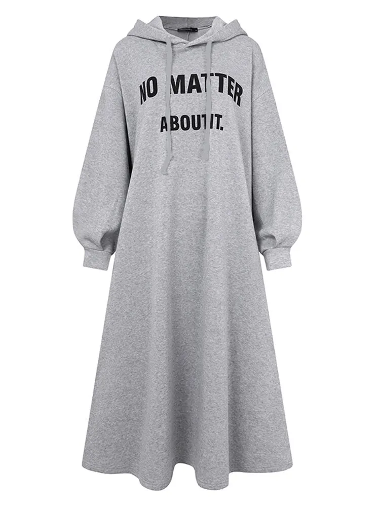 Casual Letter Print Loose Drawstring Long Sleeve Simple Hooded Sweatshirt Women Midi Dress