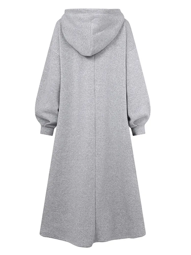 Casual Letter Print Loose Drawstring Long Sleeve Simple Hooded Sweatshirt Women Midi Dress