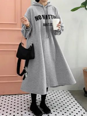 Casual Letter Print Loose Drawstring Long Sleeve Simple Hooded Sweatshirt Women Midi Dress
