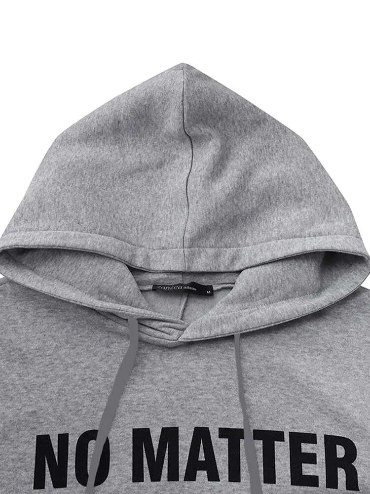 Casual Letter Print Loose Drawstring Long Sleeve Simple Hooded Sweatshirt Women Midi Dress