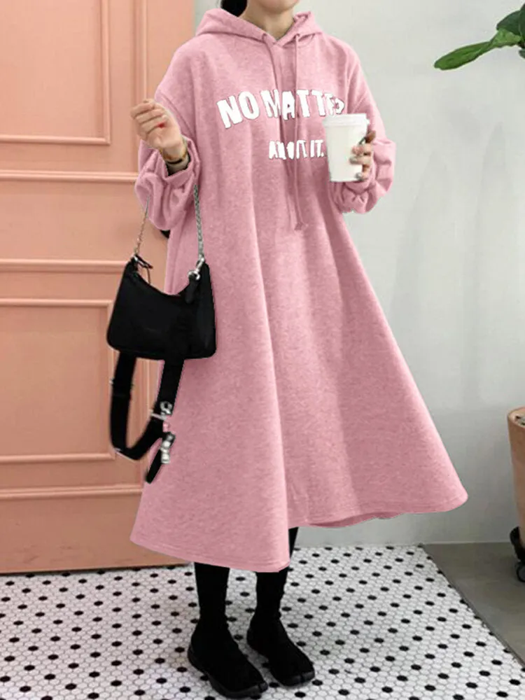 Casual Letter Print Loose Drawstring Long Sleeve Simple Hooded Sweatshirt Women Midi Dress