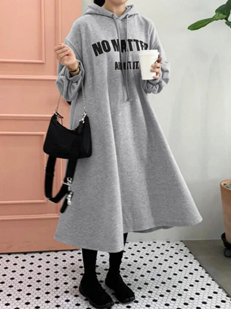 Casual Letter Print Loose Drawstring Long Sleeve Simple Hooded Sweatshirt Women Midi Dress