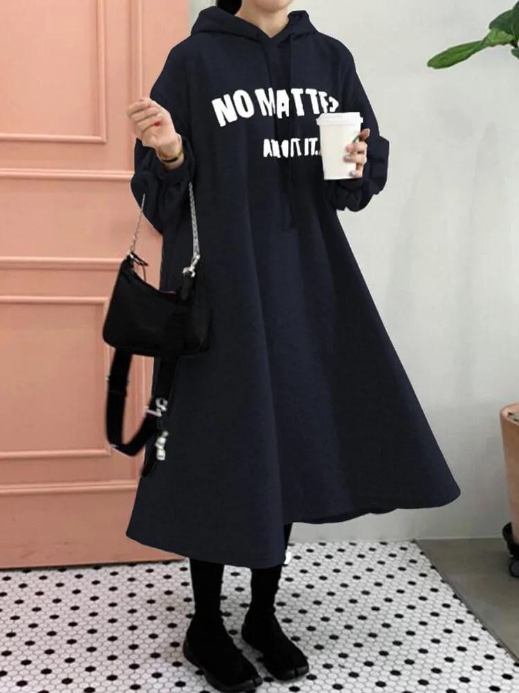 Casual Letter Print Loose Drawstring Long Sleeve Simple Hooded Sweatshirt Women Midi Dress