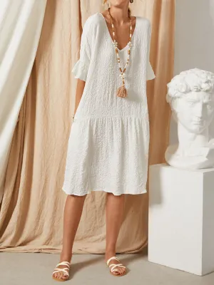 Casual Snowflake V-neck Half Sleeve Pure Color Pocket Women Midi Dress
