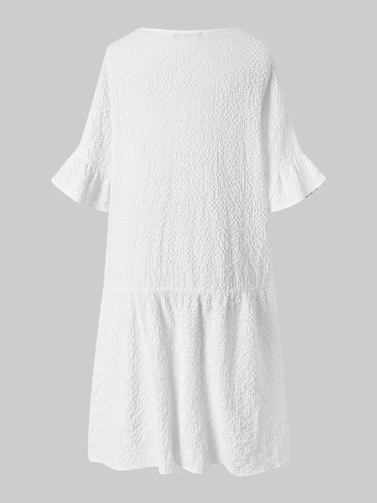 Casual Snowflake V-neck Half Sleeve Pure Color Pocket Women Midi Dress