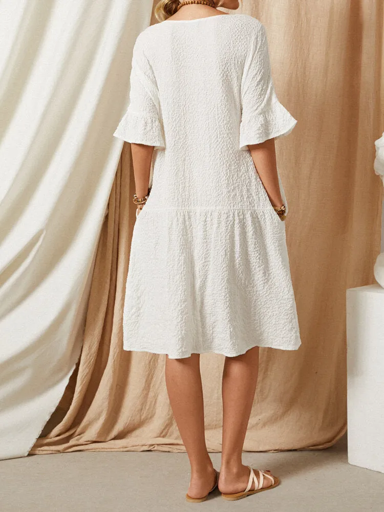 Casual Snowflake V-neck Half Sleeve Pure Color Pocket Women Midi Dress