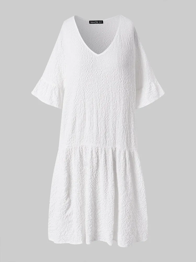 Casual Snowflake V-neck Half Sleeve Pure Color Pocket Women Midi Dress