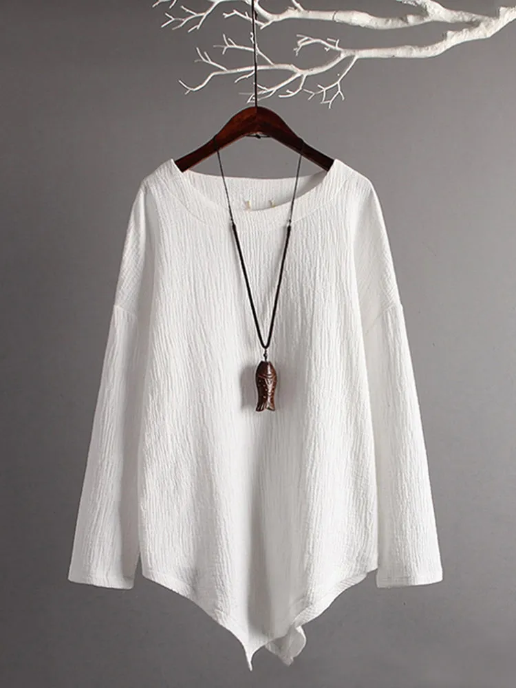 Casual Women Loose Cotton Linen Irregular Hem Blouse