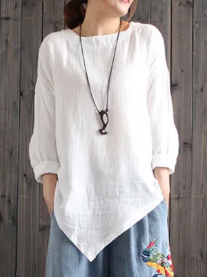 Casual Women Loose Cotton Linen Irregular Hem Blouse