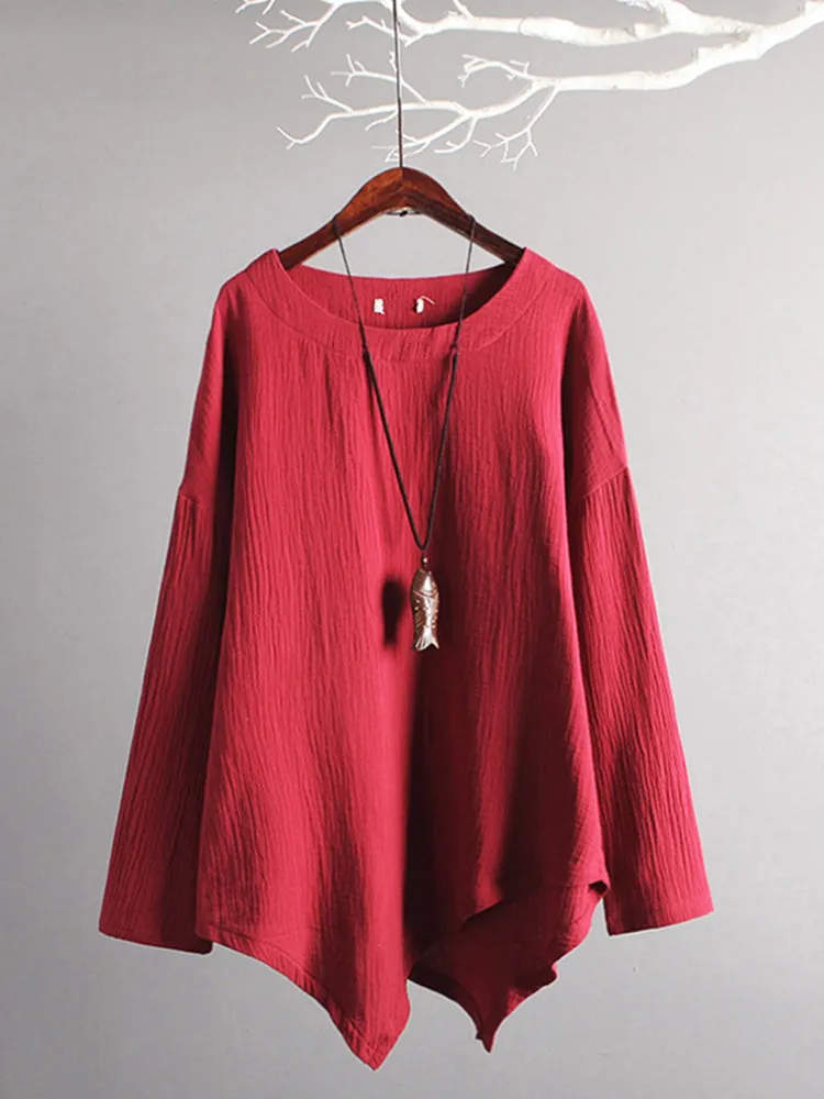 Casual Women Loose Cotton Linen Irregular Hem Blouse