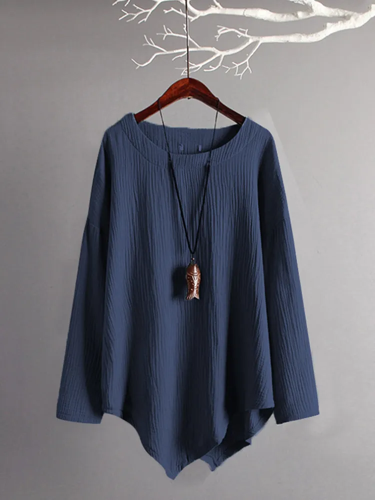 Casual Women Loose Cotton Linen Irregular Hem Blouse