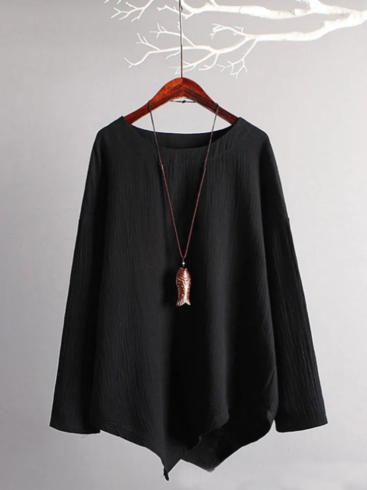 Casual Women Loose Cotton Linen Irregular Hem Blouse
