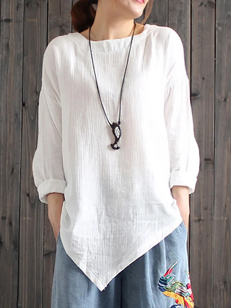 Casual Women Loose Cotton Linen Irregular Hem Blouse