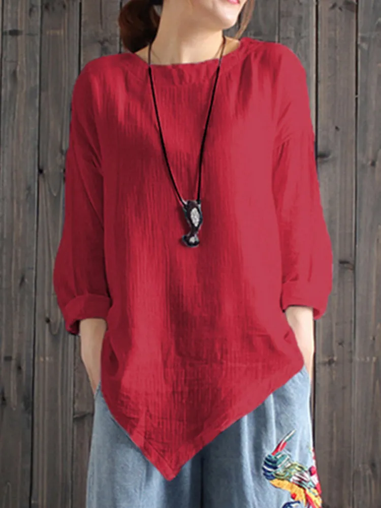 Casual Women Loose Cotton Linen Irregular Hem Blouse