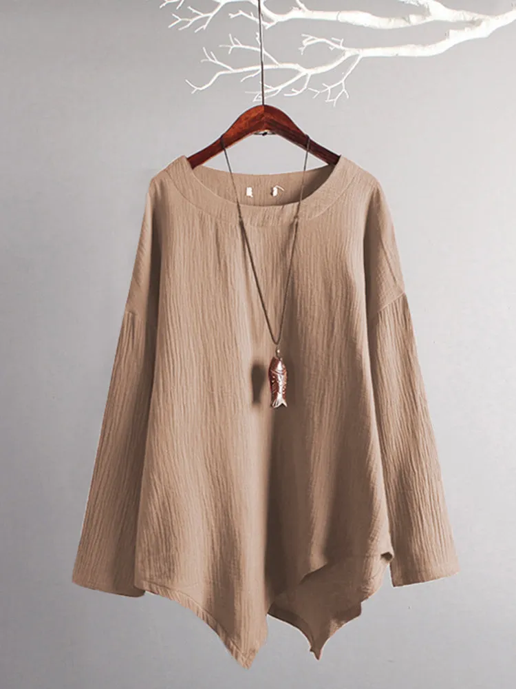 Casual Women Loose Cotton Linen Irregular Hem Blouse
