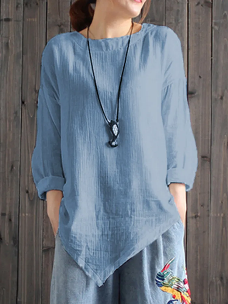 Casual Women Loose Cotton Linen Irregular Hem Blouse