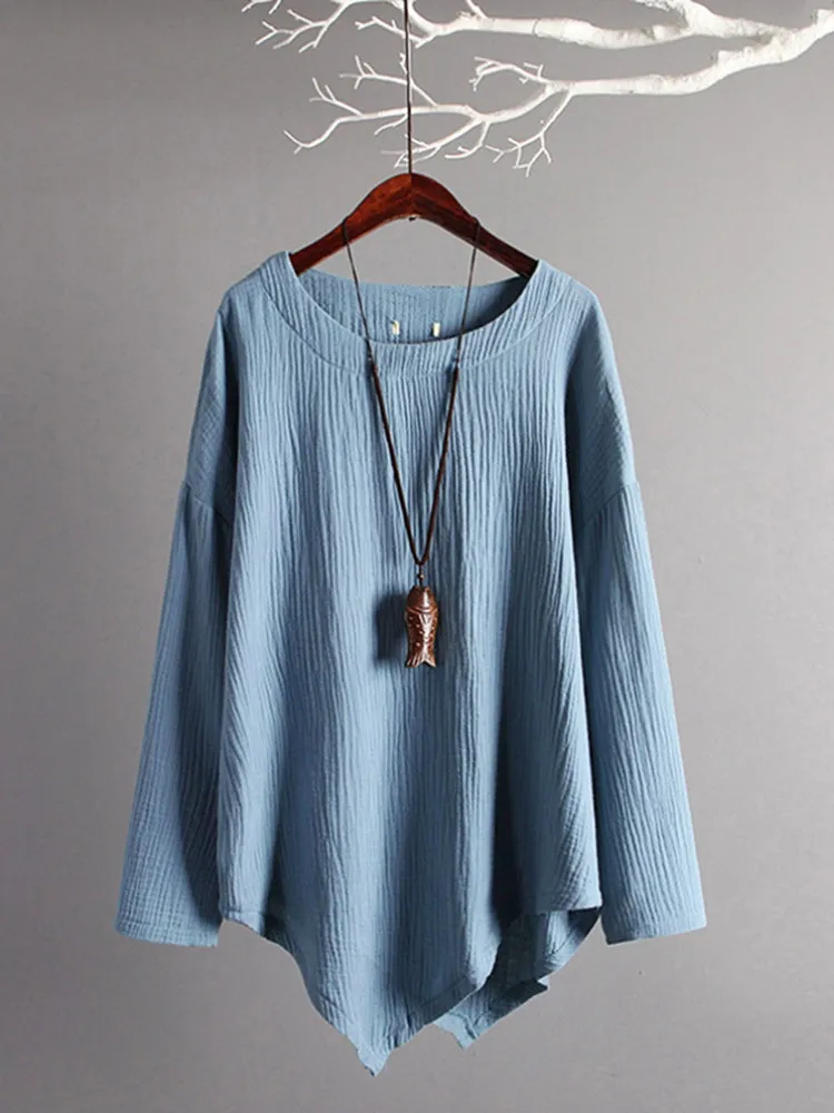 Casual Women Loose Cotton Linen Irregular Hem Blouse