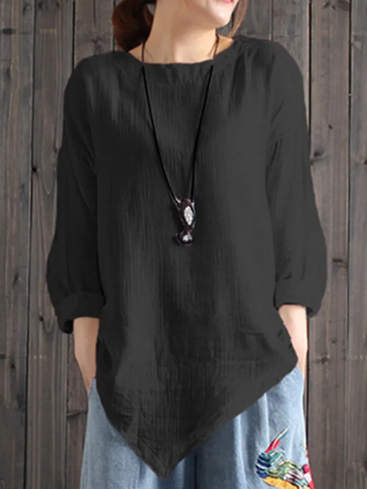 Casual Women Loose Cotton Linen Irregular Hem Blouse