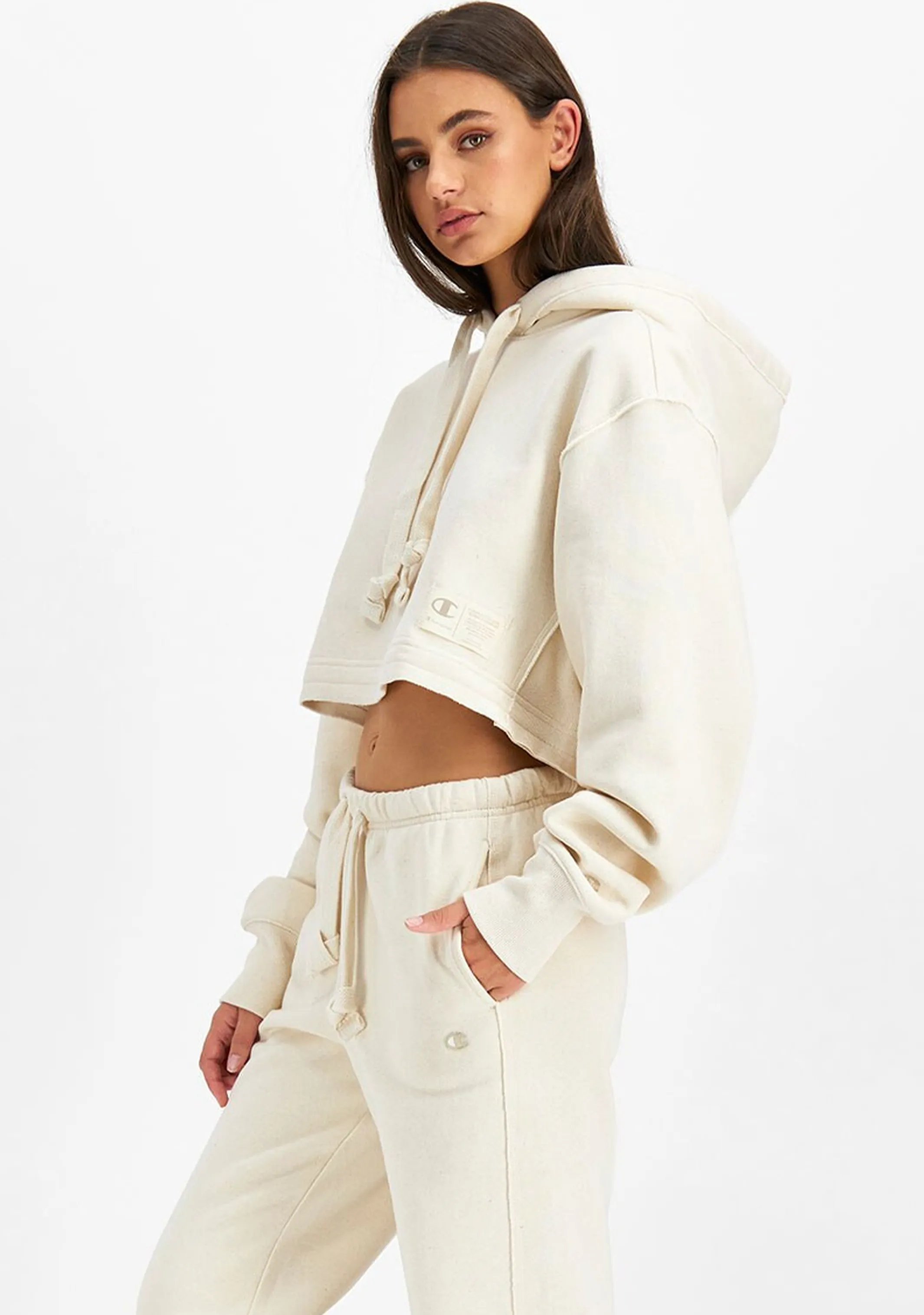 Champion Womens Reverse Weave Beige Cropped Hoodie