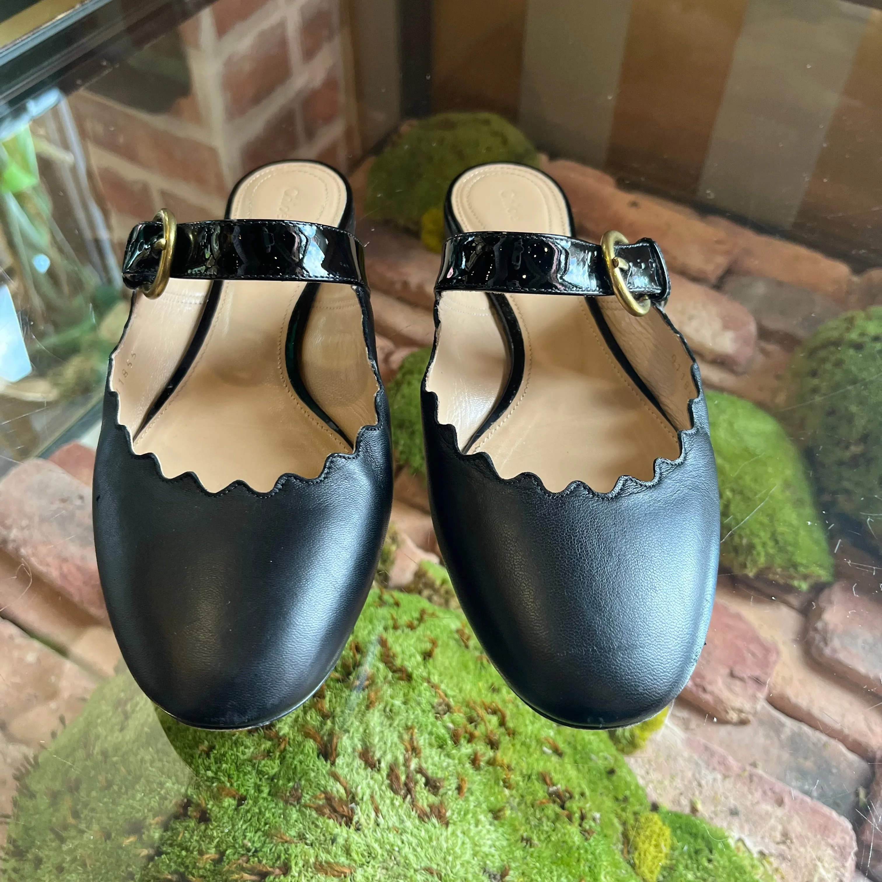 CHLOE Black Leather Scalloped Accent Mules SZ 38