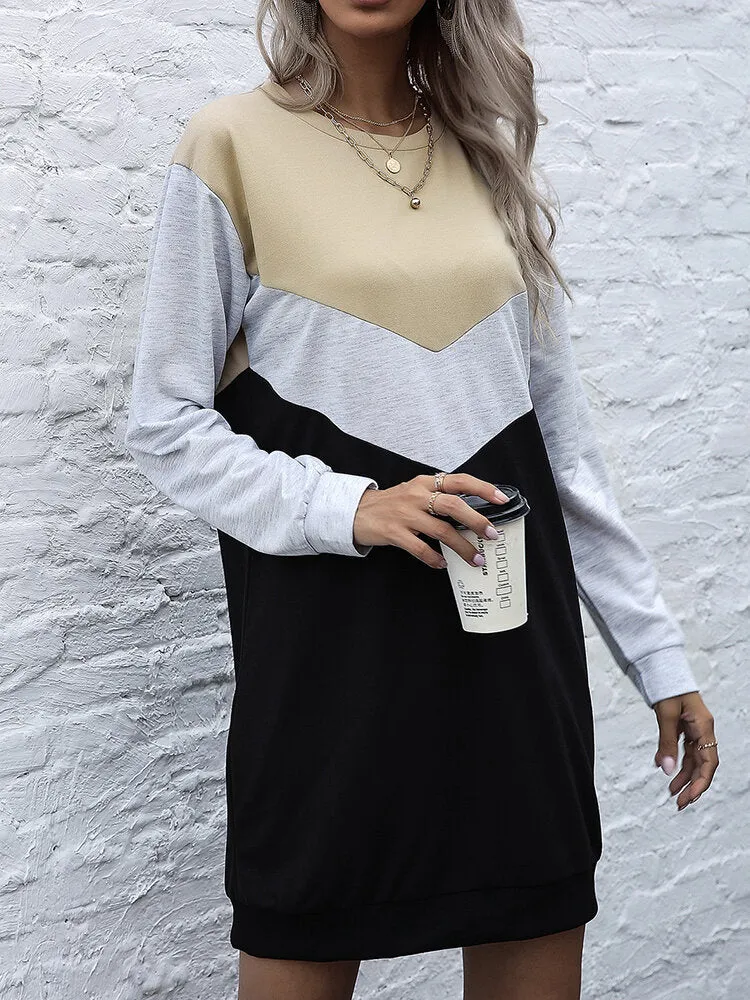 Contrast Color Patchwork Sporty Style Long Sleeve Casual Women Midi Dress