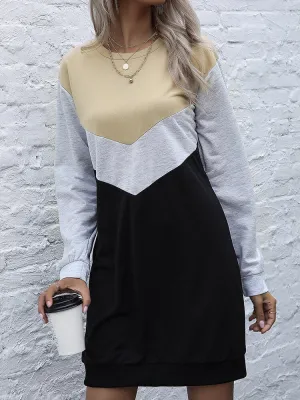 Contrast Color Patchwork Sporty Style Long Sleeve Casual Women Midi Dress