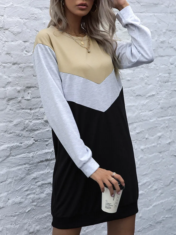 Contrast Color Patchwork Sporty Style Long Sleeve Casual Women Midi Dress
