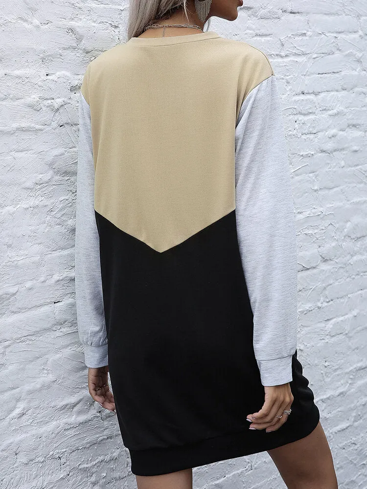 Contrast Color Patchwork Sporty Style Long Sleeve Casual Women Midi Dress