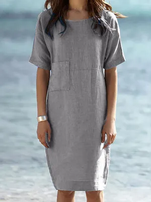 Cotton Pure Color Short Sleeve O-neck Zipper Holiday Simple Women Midi Dress