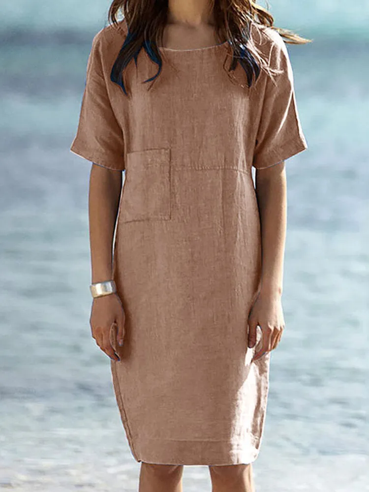 Cotton Pure Color Short Sleeve O-neck Zipper Holiday Simple Women Midi Dress