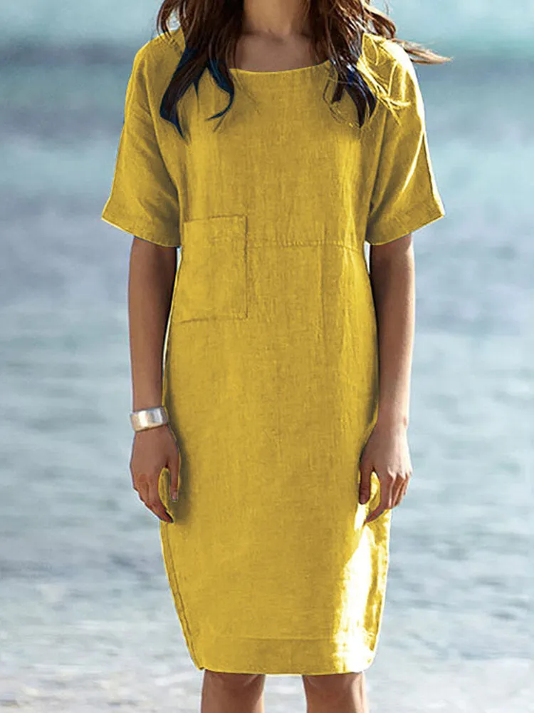Cotton Pure Color Short Sleeve O-neck Zipper Holiday Simple Women Midi Dress