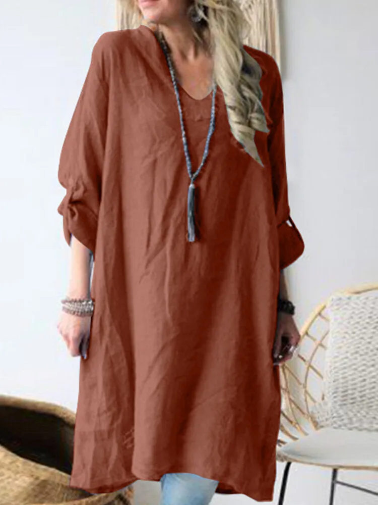 Cotton V-neck Pure Color Cuff Loop Loose Simple Women Midi Dress