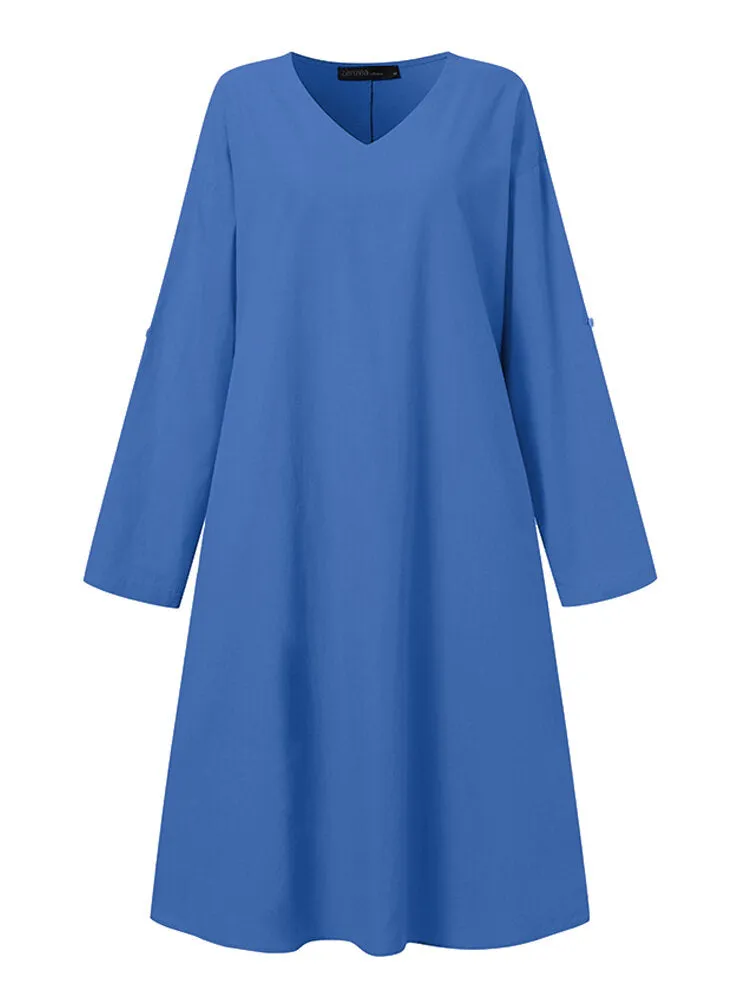 Cotton V-neck Pure Color Cuff Loop Loose Simple Women Midi Dress