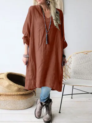 Cotton V-neck Pure Color Cuff Loop Loose Simple Women Midi Dress