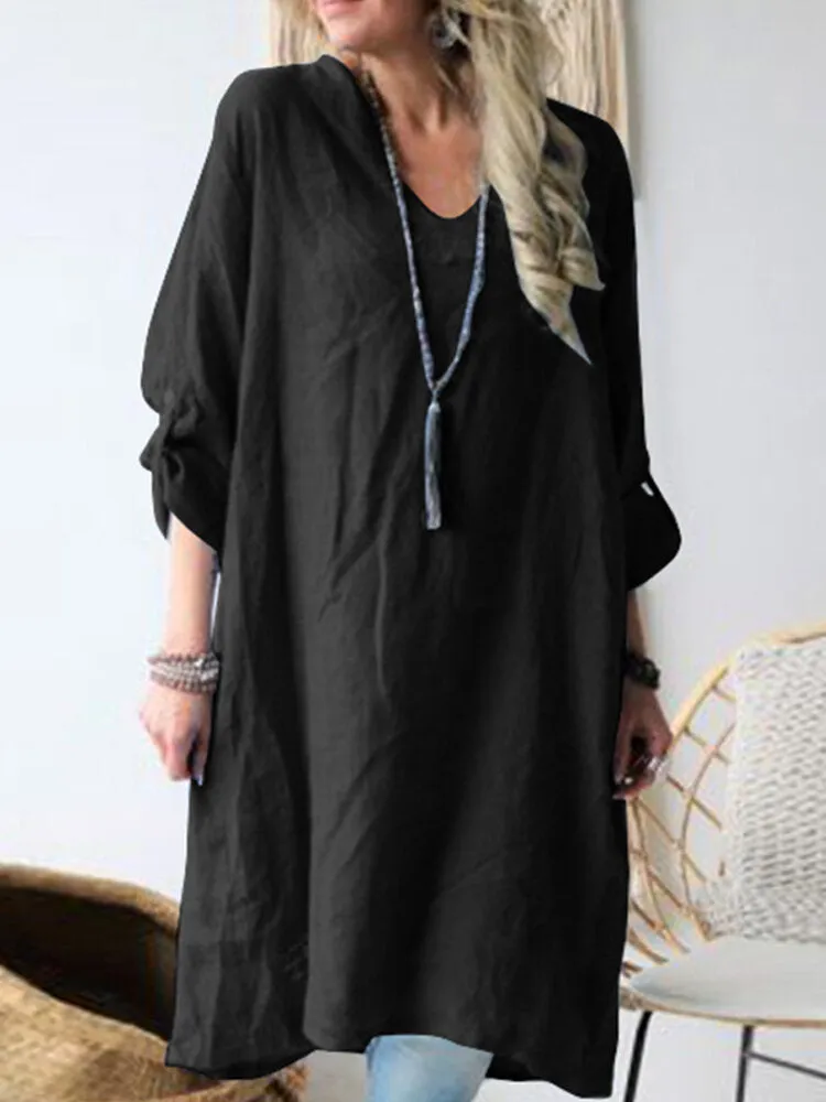 Cotton V-neck Pure Color Cuff Loop Loose Simple Women Midi Dress