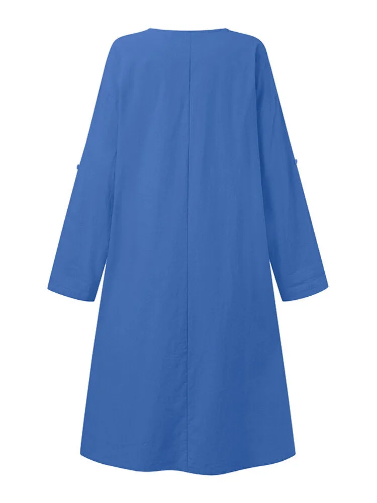 Cotton V-neck Pure Color Cuff Loop Loose Simple Women Midi Dress
