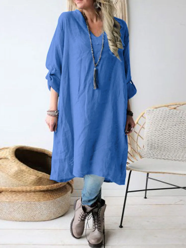 Cotton V-neck Pure Color Cuff Loop Loose Simple Women Midi Dress