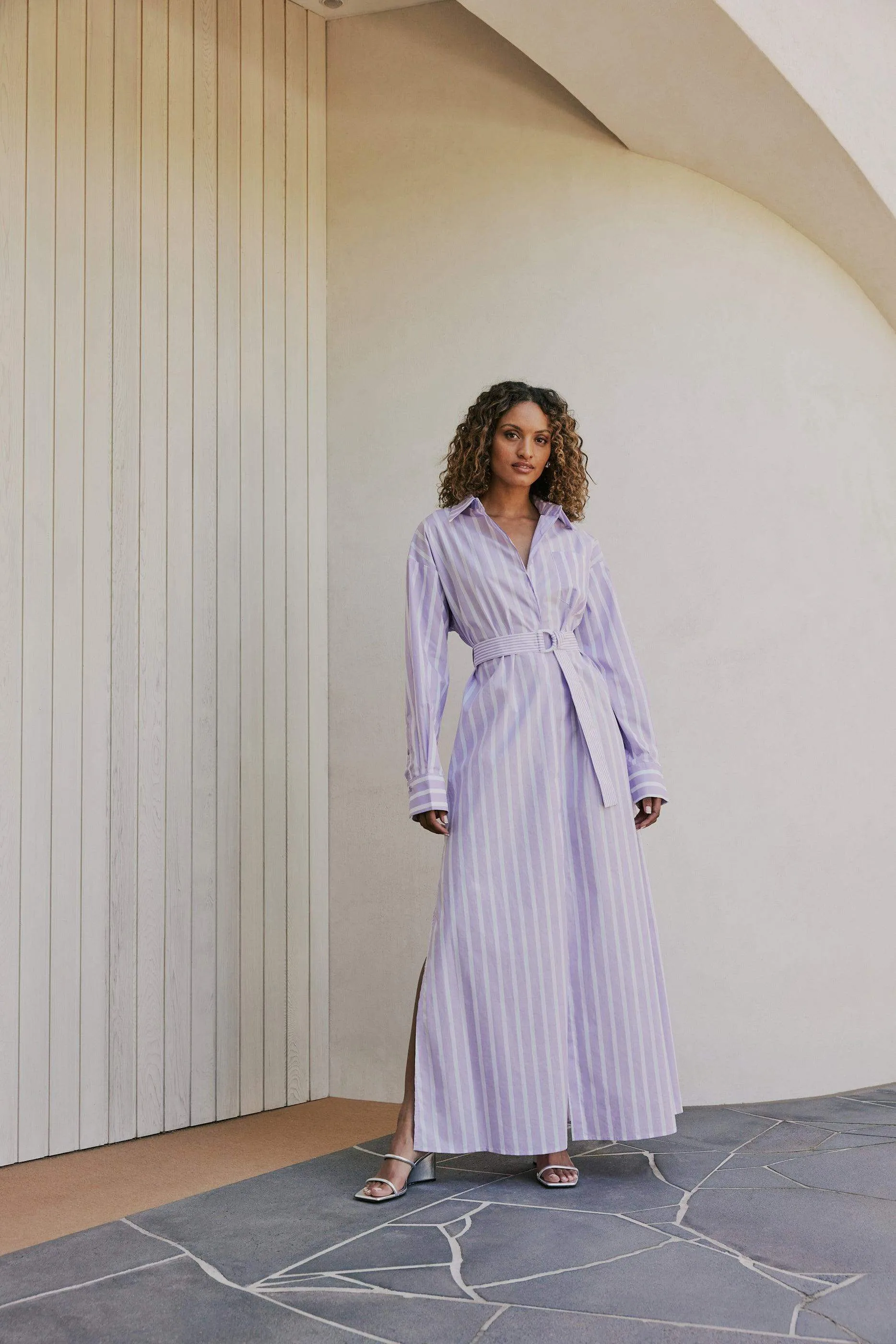 CURAAE Jasmine Maxi Shirt Tie A Line Dress In Purple Stripe