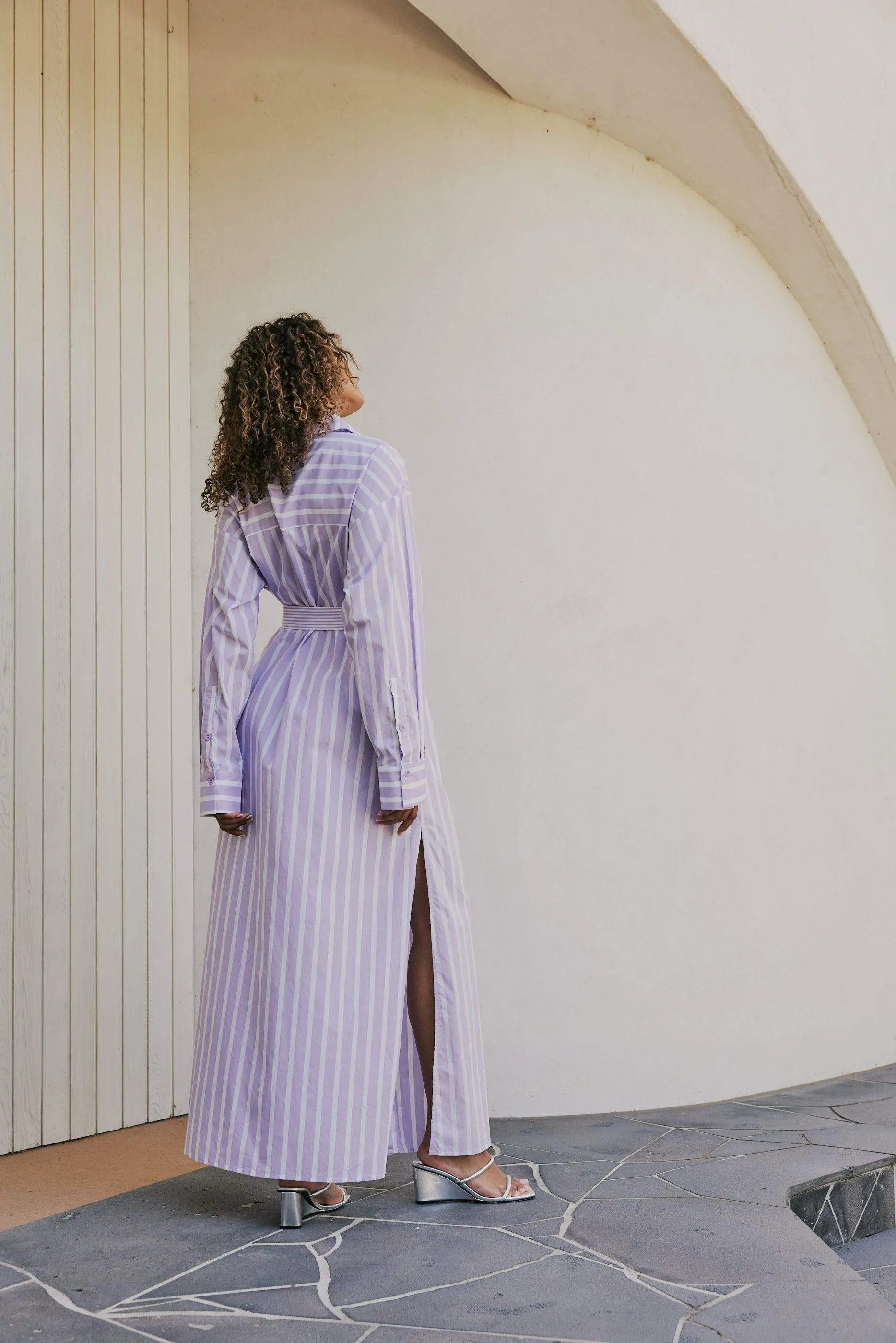 CURAAE Jasmine Maxi Shirt Tie A Line Dress In Purple Stripe