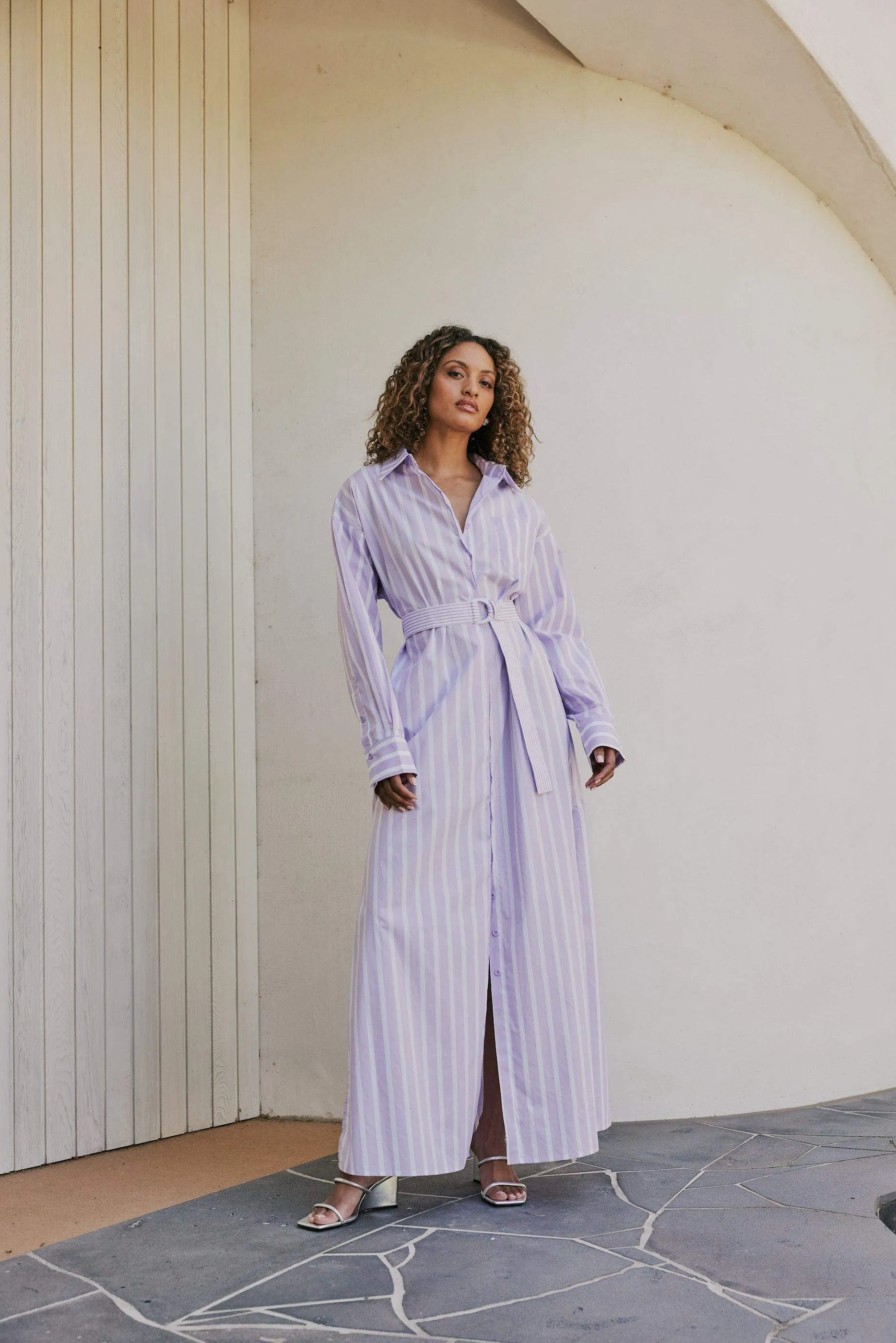 CURAAE Jasmine Maxi Shirt Tie A Line Dress In Purple Stripe
