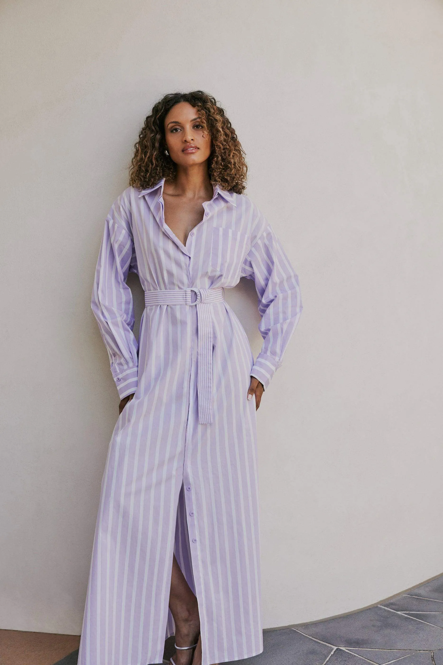 CURAAE Jasmine Maxi Shirt Tie A Line Dress In Purple Stripe